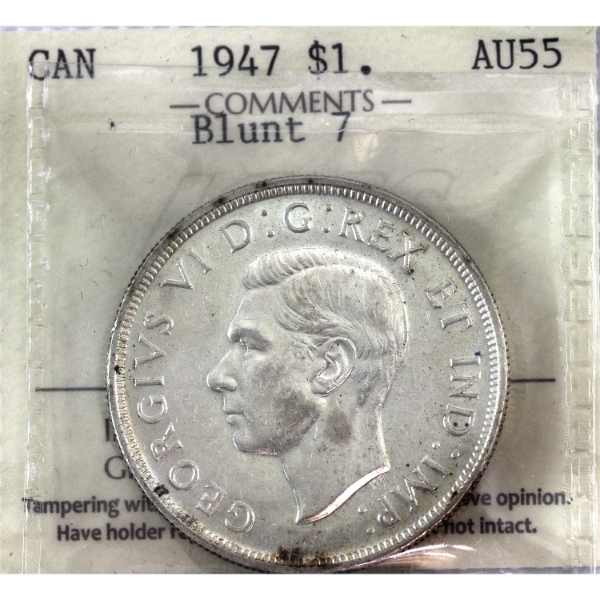 Silver $1 1947 Blunt 7 ICCS AU55