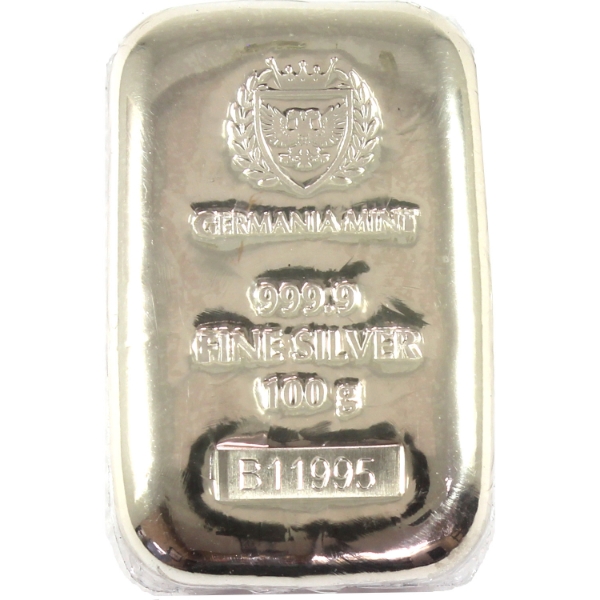 100g Germania Mint .999 Fine Silver Cast Bar (Tax Exempt)