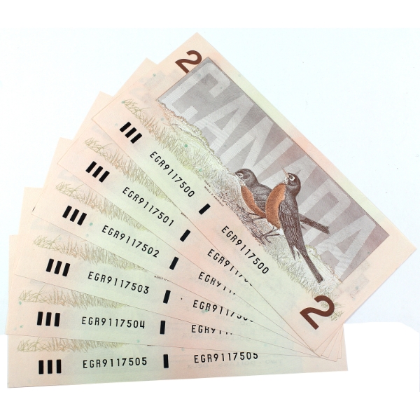 6x BC-55c-i 1986 $2 Consecutive Bonin-Thiessen SN:EGR9117500-EGR9117505. 6pcs.