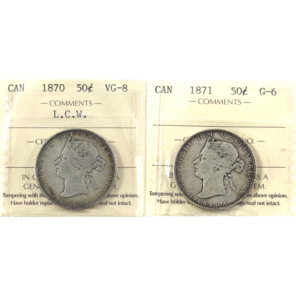 50-cent 1870 LCW VG8 & 1871 G6 ICCS. 2pcs.
