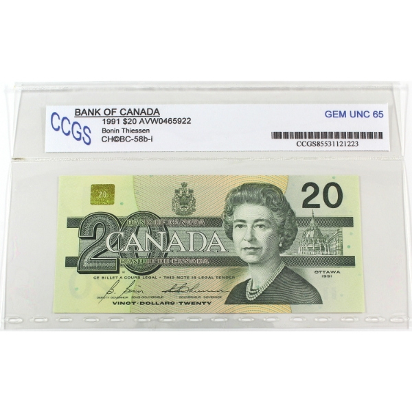 BC-58b-i 1991 $20 CCGS GEM UNC65 Bonin-Thiessen SN:AVW0465922