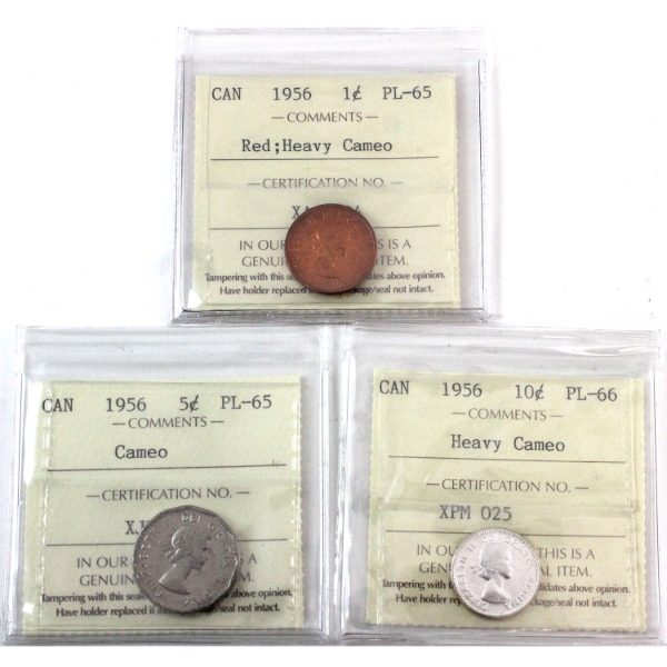 1-cent PL65 Red; HC, 5-cent PL65 Cameo & 10-cent PL66 HC 1956 ICCS. 3pcs