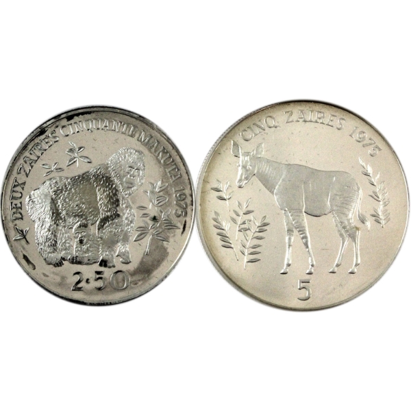 Zaire 1975 2.5 Zaires & 5 Zaires Sterling Silver Proof Wildlife Conservation Series Coins