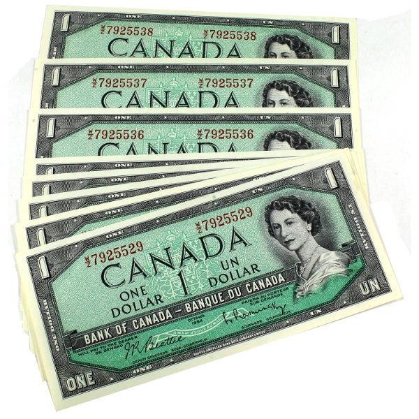 10x BC-37b-i 1954 $1 Modified Portrait Consecutive Beattie-Rasminsky SN: W/Z7925529-"38. 10pcs.