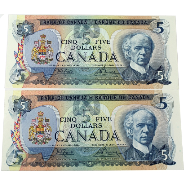 BC-53bA 1979 $5 Consecutive AU or Better Crow-Bouey SN: 31004071556-"57. 2pcs.