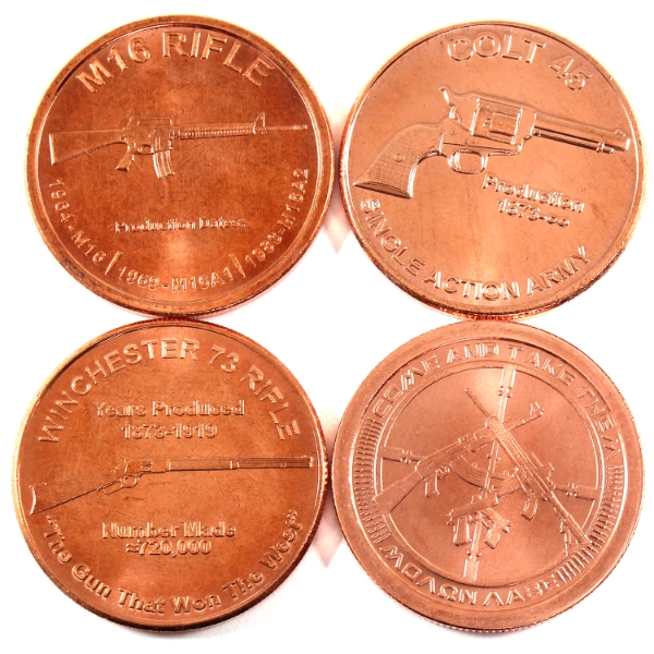 4x 1oz Assorted Guns .999 Fine Copper Rounds. 4pcs