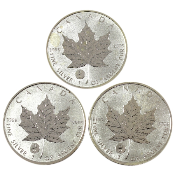 3x 1oz 2016 $5 Silver Maple Leaf w/ Ying Yang Privy Mark .9999 Fine Silver Coins. 3pcs.