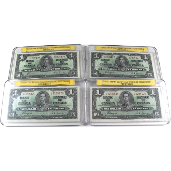 BC-21d 1937 $1 *Consecutive!* CCGS UNC63 Coyne-Towers SN: H/N3208427-30. 4pcs.