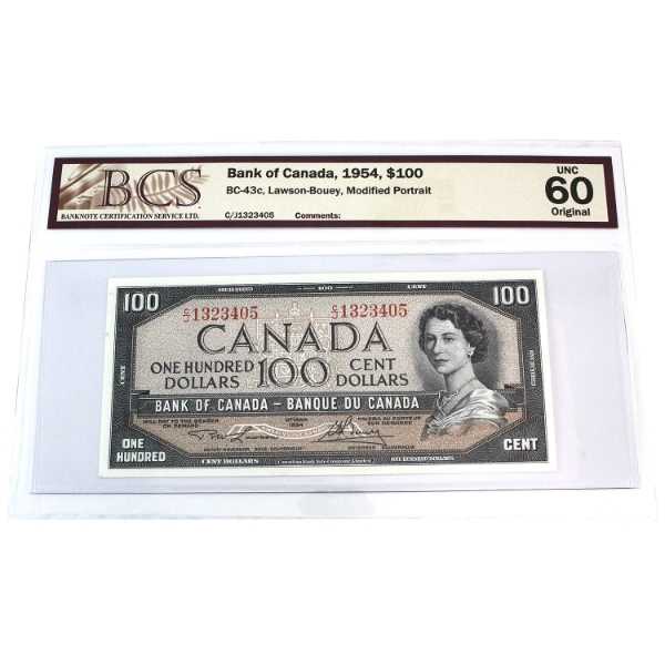 BC-43c 1954 $100 Modified Portrait BCS UNC60, Lawson-Bouey SN: C/J1323405