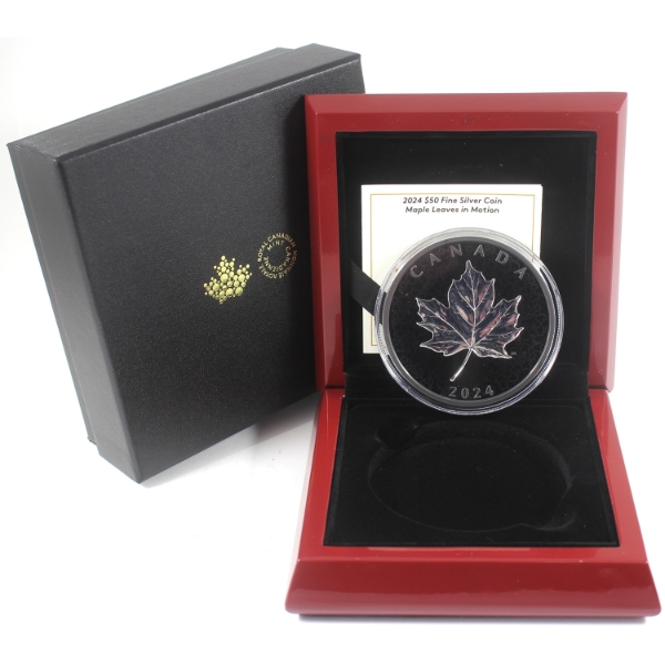 2024 $50 Maple Leaves in Motion Rhodium Plated 5oz .9999 Fine Silver (Tax Exempt)