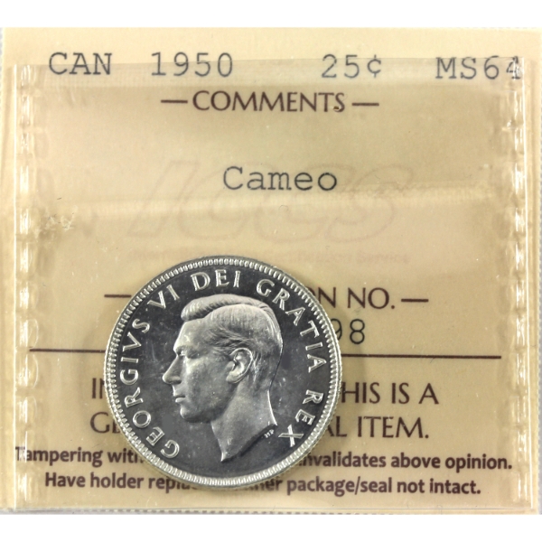 25-cent 1950 ICCS MS64 Cameo