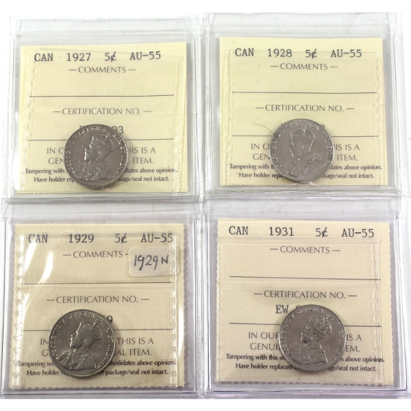 5-cent 1927, 1928, 1929 & 1931 ICCS AU55. 4pcs
