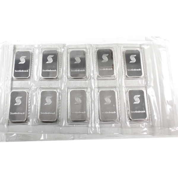 10x 1oz Scotiabank .999 Fine Silver Bars in Sealed Sheet. 10pcs (Tax Exempt)