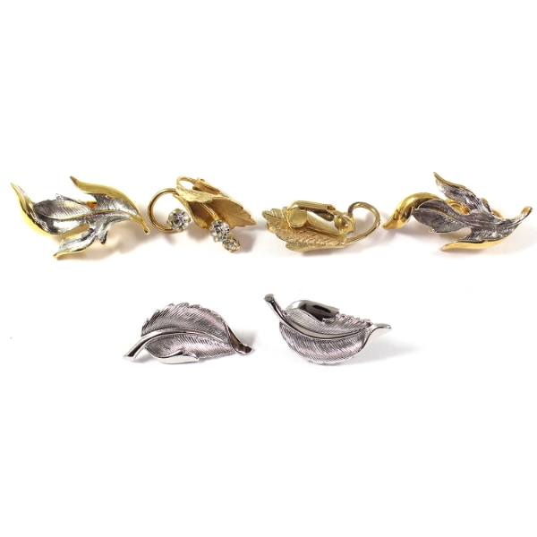 3x Pairs of Leaf/Foliage Gold & Silver Clip-On Costume Earrings. 3 Sets.