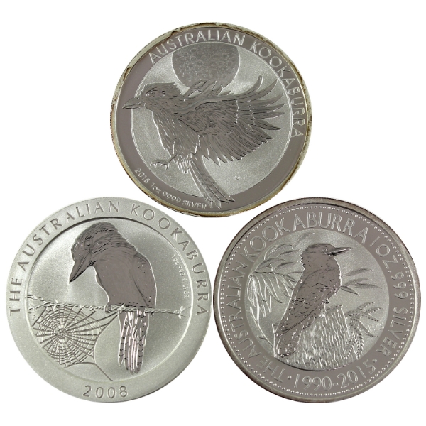 3x 1oz Australia 2008, 2015, & 2018 $1 Kookaburra .999 Fine Silver Rounds. 3pcs. (Tax Exempt)