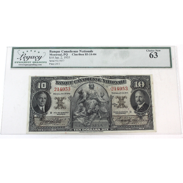 85-14-04 1935 $10 Banque Canadienne Nationale CUNC63 Wilson-Leman SN: 214053