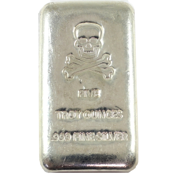 5oz Private Mint Skull & Crossbones .999 Fine Silver Poured Bar (Tax Exempt)