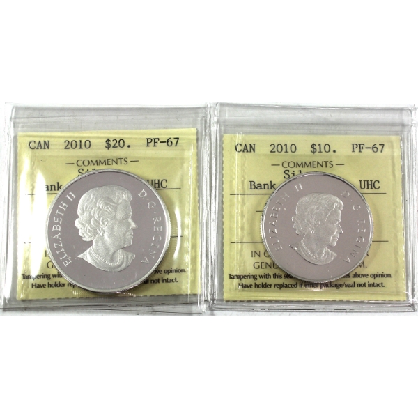 2x 2010 $10 & $20 75th Ann. of the 1st Banknotes of Canada .9999 Fine Silver Coins ICCS PF67 UHC
