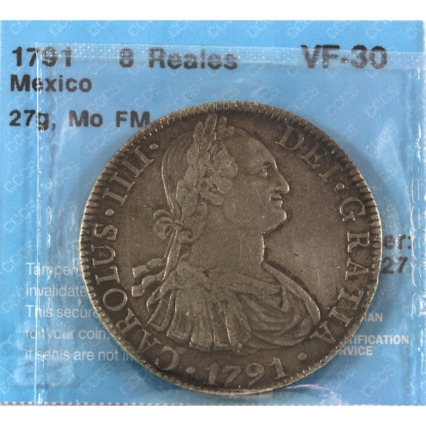 Mexico Silver 1791FM 8 Reales CCCS VF30