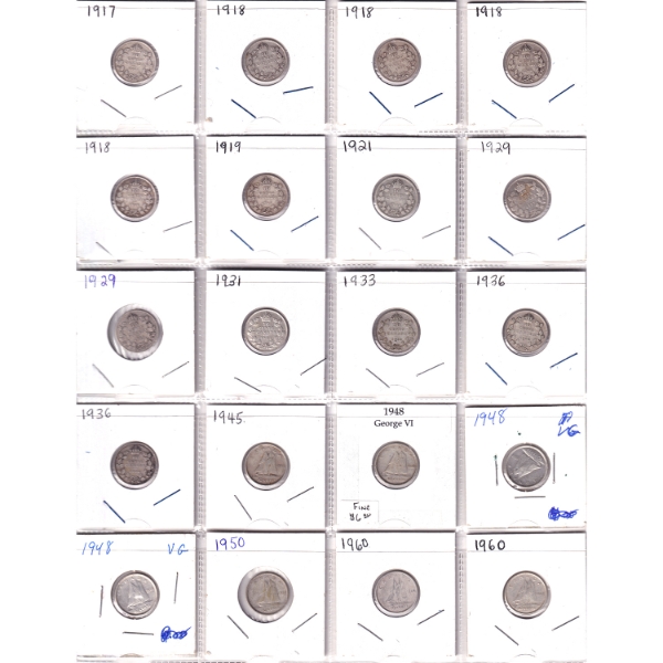 Bulk Collection of 10-cent 1917-1960 in 16-Pocket Sheet. 20pcs.