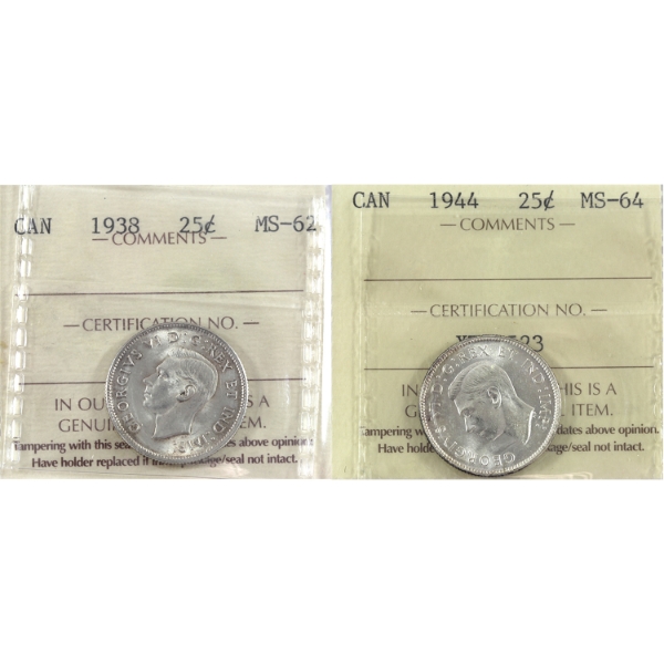 25-cent 1938 MS62, & 1944 MS64 ICCS. 2pcs.