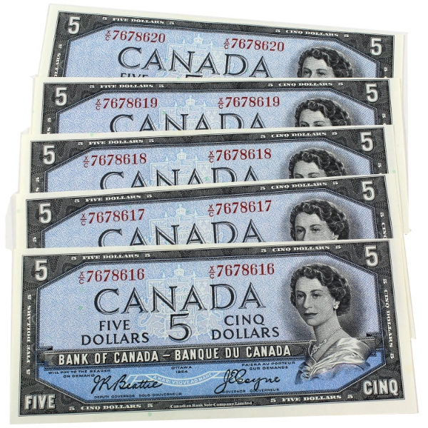 5x BC-39a-i 1954 $5 Modified Portrait Consecutive Beattie-Coyne SN: X/C7678616--"20. 5pcs.