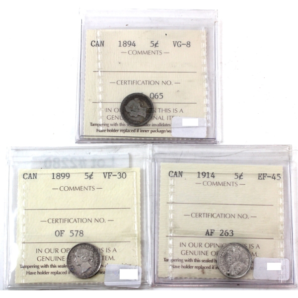 5-cent 1894 VG8, 1899 VF30 & 1914 EF45 ICCS. 3pcs. 