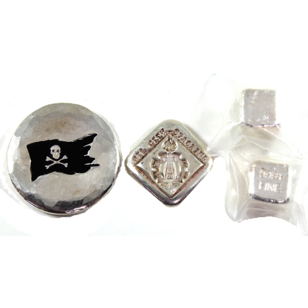 5oz Lot Total! 1 & 2oz Hand Poured Silver Cubes, Bar, & Round. 4pcs. (Tax Exempt)