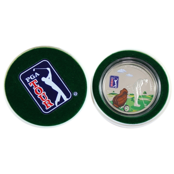 Cook Islands 2014 $5 PGA Tour Golf Bag Sterling Silver Coin in Golf Ball Shaped Capsule