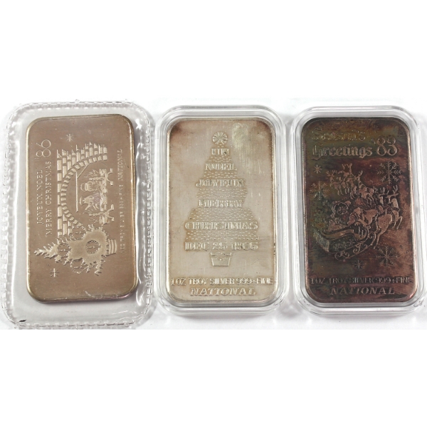 3x 1oz National Refiners 1983-1986 Christmas .999+ Silver Art Bars. 3pcs. (Tax Exempt)