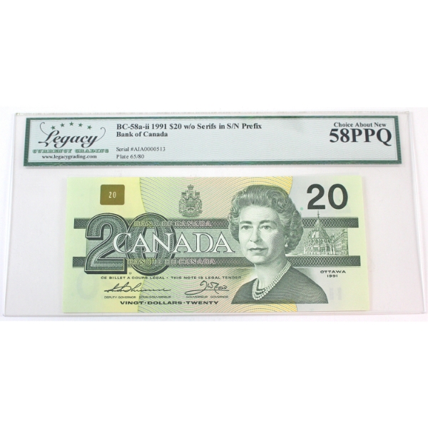 BC-58a-ii-N5-iv 1991 $20 Low Serial # AIA0000513 Legacy AU58 PPQ Thiessen-Crow w/o Serifs