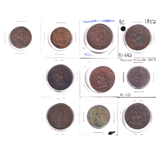 Bulk Lot of Mixed 1800s Canada Bank Tokens. 10pcs