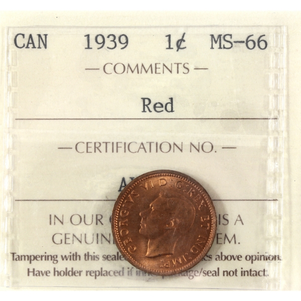 1-cent 1939 ICCS MS66 Red