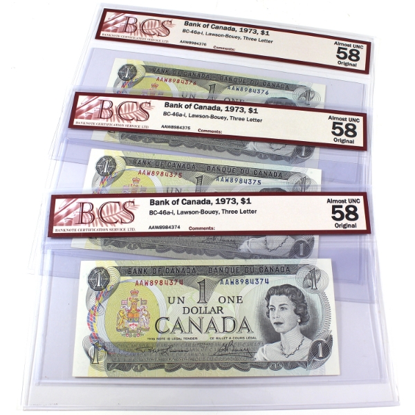 BC-46a-i 1973 $1 Consecutive BCS AU58 Original Lawson-Bouey Three Letter SN:AAW8984374-"76. 3pcs