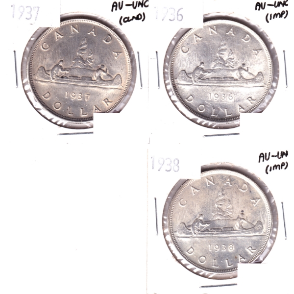 Silver $1 1936-1938 AU-UNC. 3pcs.