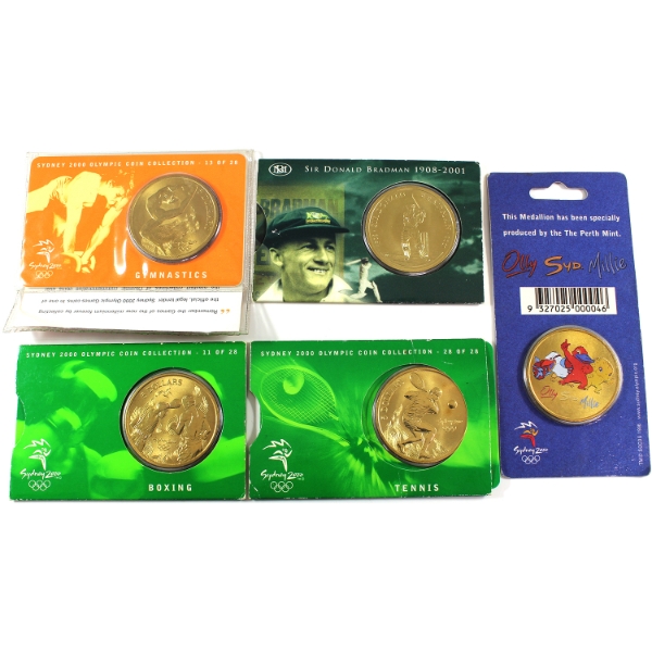 Australia 2000-2001 $5 Olympics & Sports Aluminum-Zinc-Bronze Coins & Medals. 5pcs.