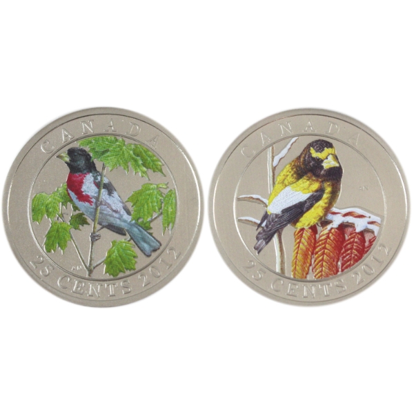 2x 25-cent 2012 Birds of Canada - Evening Grosbeak & Rose-Breasted Grosbeak. 2pcs. 