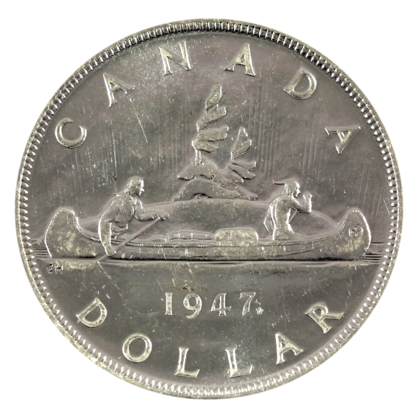 Silver $1 1947 Maple Leaf; Dbl HP BU
