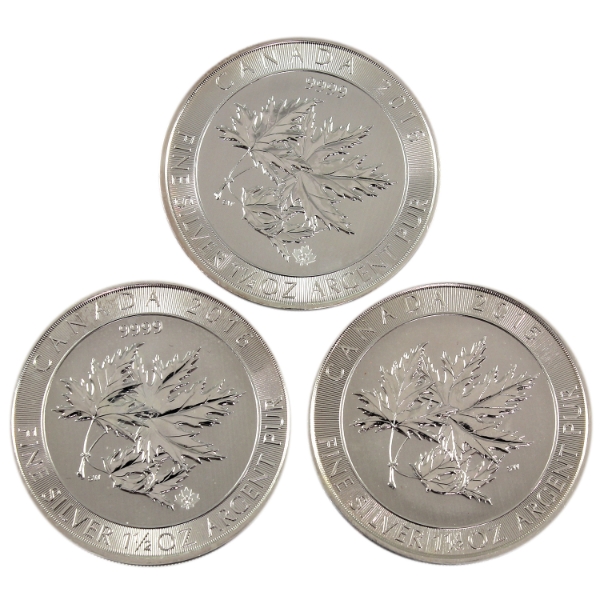 3x 1.5oz 2015 & 2016 $8 Maple Leaves .9999 Fine Silver Rounds. 3pcs. (Tax Exempt)