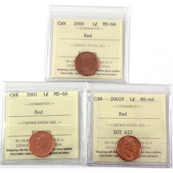 1-cent 2000-2002P ICCS MS66 Red. 3pcs.
