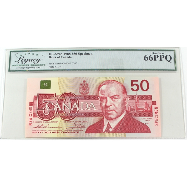 BC-59aS 1988 $50 Specimen Legacy GEM UNC66 PPQ Thiessen-Crow SN: EPH0000000 0705