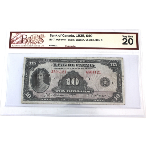 BC-7 1935 $10 English BCS VF20 Osborne-Towers Check Letter C SN: A504121