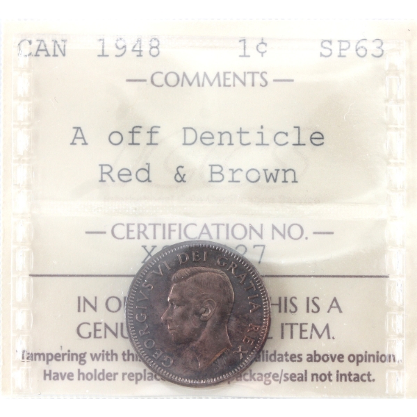 1-cent 1948 A Off Denticle ICCS SP63 Red & Brown
