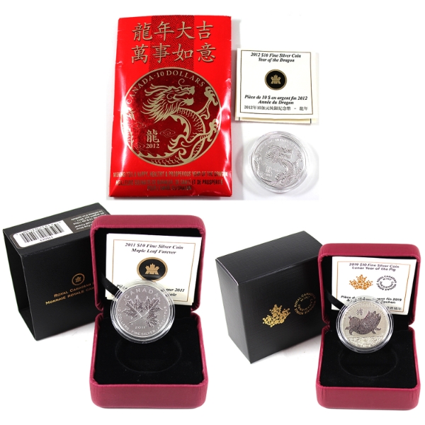 Group Lot of 2011-2019 $10 Fine Silver Coins. 3pcs. (Tax Exempt)
