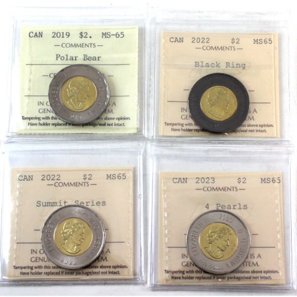 $2 2019, 2022 Black Ring, 2022 Summit Series & 2023 4 Pearls ICCS MS65. 4pcs. 
