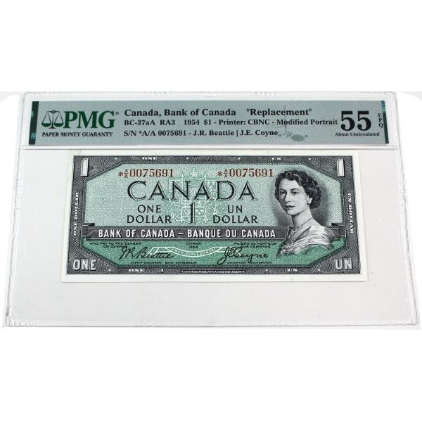 BC-37aA RA3 1954 $1 *A/A Replacement, Modified Portrait PMG AU55 EPQ Beattie-Coyne SN: *A/A0075691