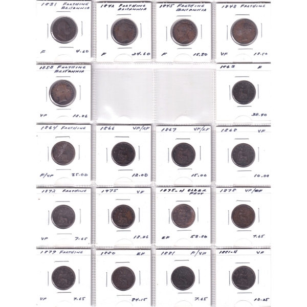 Bulk Collection of Great Britain 1831-1956 Farthings F to UNC in 20-Pocket Sheets. 60pcs.