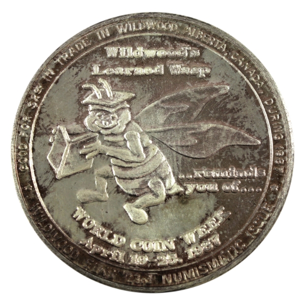 Canada-Wildwood AB 1987 $2 Wasp/Elk Trade Dollar 2oz-Silver, 38mm (Tax Exempt)
