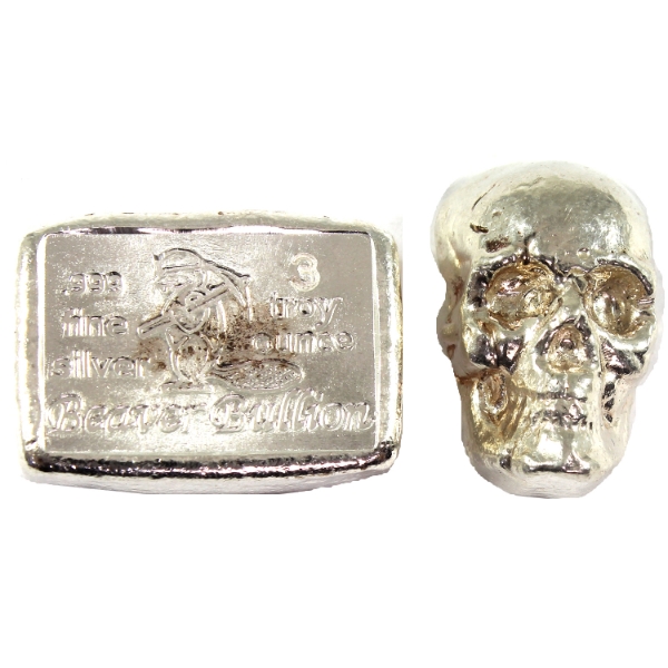 5oz Lot Total! Beaver Bullion 3oz Bar & 2oz 3D Skull .999 Fine Silver. 2pcs. (Tax Exempt)