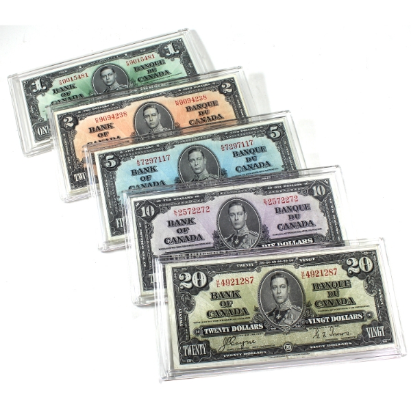 Group Lot of 1937 $1-$20 Banknotes Coyne-Towers Held in Individual Snap Lock Cases. 5pcs.